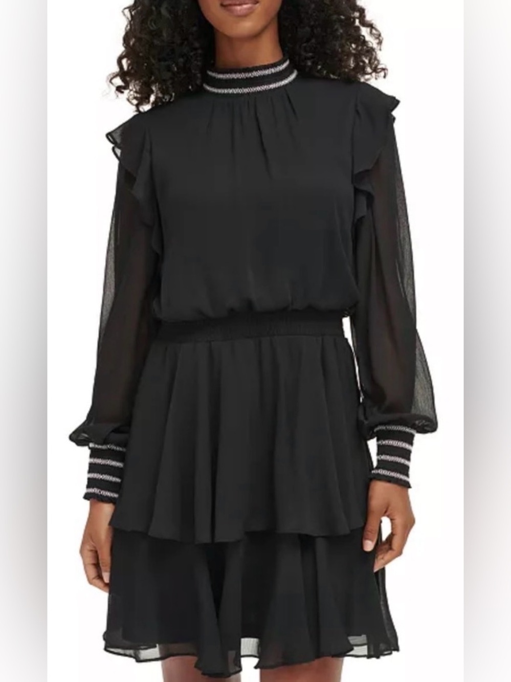 Karl Lagerfeld Black Long Sleeve Ruffle Mini Dress Size 6 Feminine Party Luxury